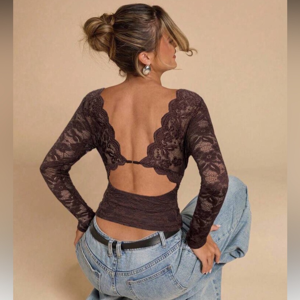 Brown Open-Back Long Sleeve Top